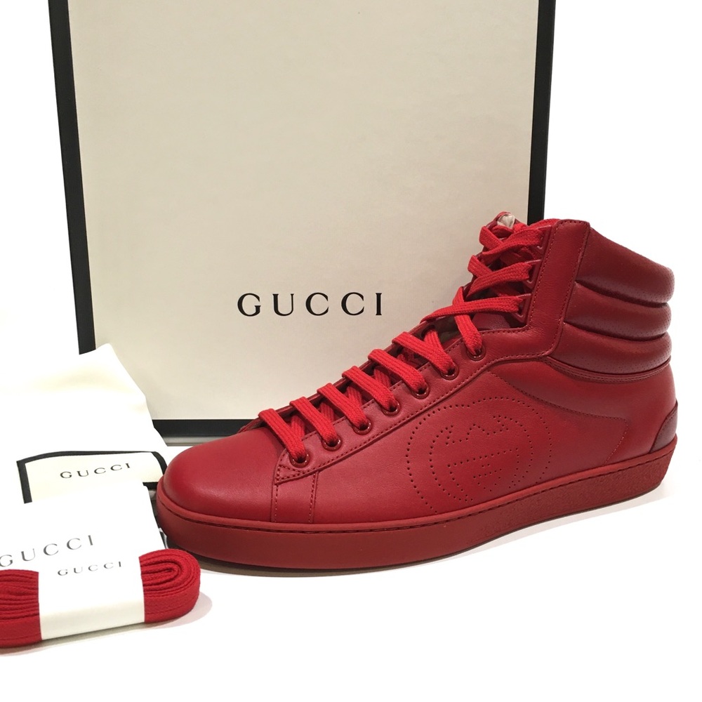 GUCCI ACE HIGHT-TOP INTERLOCKING G LEATHER SNEAKERS -RED -MEN’S US 9.5 -NEW